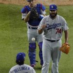 Los Angeles Dodgers relief pitcher Kenley Jansen celebrates their win against the Tampa Bay Rays in Game 3 of the baseball World Series Friday, Oct. 23, 2020, in Arlington, Texas. Dodgers beat the Rays 6-2 to lead the series 2-1 games. (AP Photo/Sue Ogrocki)
