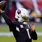 Arizona Cardinals quarterback Kyler Murray (1) warms up prior to an NFL football game against the Seattle Seahawks, Sunday, Oct. 25, 2020, in Glendale, Ariz. (AP Photo/Ross D. Franklin)