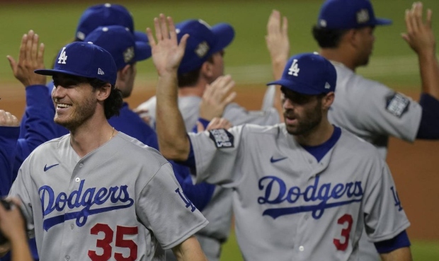 Los Angeles Dodgers center fielder Cody Bellinger celebrates their win against the Tampa Bay Rays i...