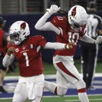 Arizona Cardinals' Kyler Murray (1) and DeAndre Hopkins (10) celebrate a touchdown scored by Christian Kirk (13) in the first half of an NFL football game against the Dallas Cowboys in Arlington, Texas, Monday, Oct. 19, 2020. (AP Photo/Ron Jenkins)