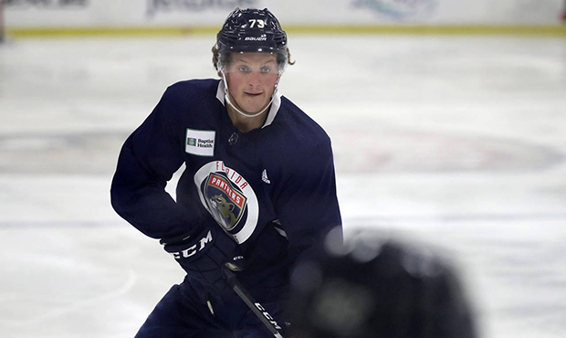Florida Panthers left wing Dryden Hunt looks for a shot during an NHL hockey training camp, Wednesd...