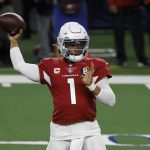 Arizona Cardinals quarterback Kyler Murray (1) throws a pass in the first half of an NFL football game against the Dallas Cowboys in Arlington, Texas, Monday, Oct. 19, 2020. (AP Photo/Ron Jenkins)