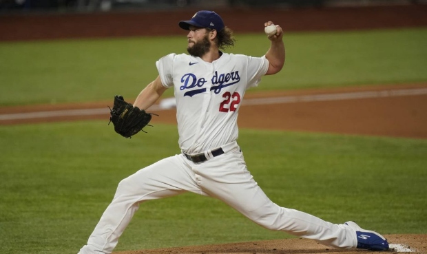 Los Angeles Dodgers starting pitcher Clayton Kershaw throws against the Tampa Bay Rays during the f...