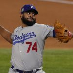 Los Angeles Dodgers relief pitcher Kenley Jansen throws against the Tampa Bay Rays during the ninth inning in Game 3 of the baseball World Series Friday, Oct. 23, 2020, in Arlington, Texas. (AP Photo/Tony Gutierrez)