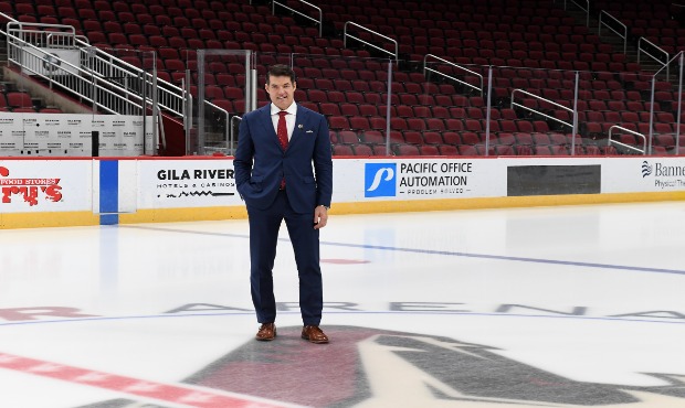 Arizona Coyotes GM Bill Armstrong stands on the ice at Gila River Arena on Sept. 22, 2020. (Photo c...