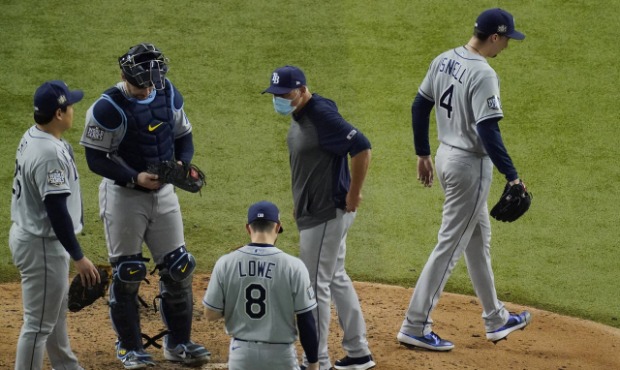 Tampa Bay Rays starting pitcher Blake Snell leaves the game against the Los Angeles Dodgers during ...