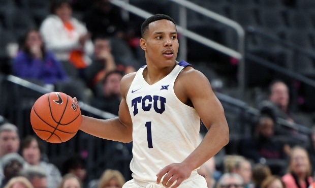 Desmond Bane #1 of the TCU Horned Frogs brings the ball up the court against the Clemson Tigers dur...