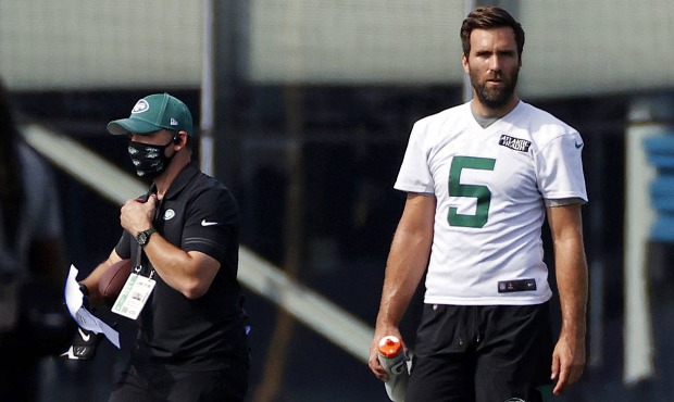 New York Jets quarterback Joe Flacco (5) during a practice at the NFL football team's training camp...