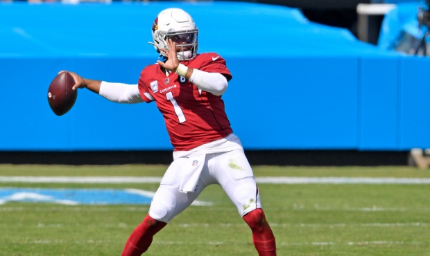 Kyler Murray #1 of the Arizona Cardinals drops back to pass against the Carolina Panthers during th...