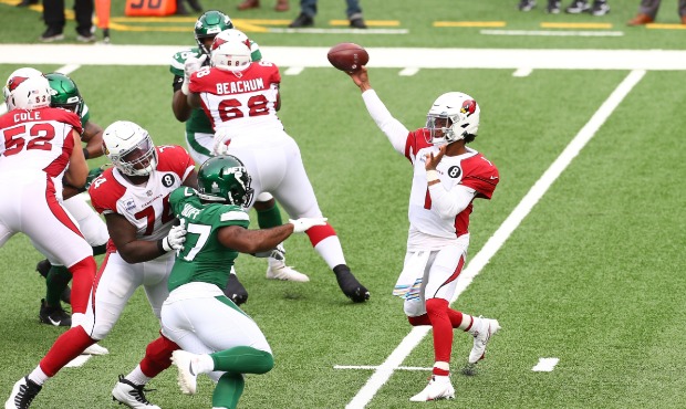 Kyler Murray #1 of the Arizona Cardinals passes the ball against the New York Jets at MetLife Stadi...