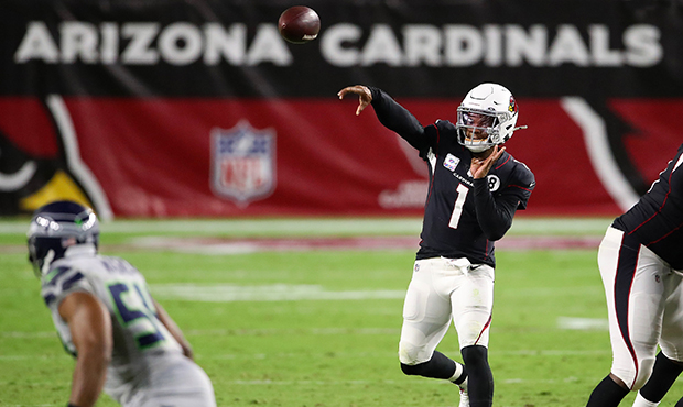 Quarterback Kyler Murray #1 of the Arizona Cardinals passes the ball against the Seattle Seahawks i...