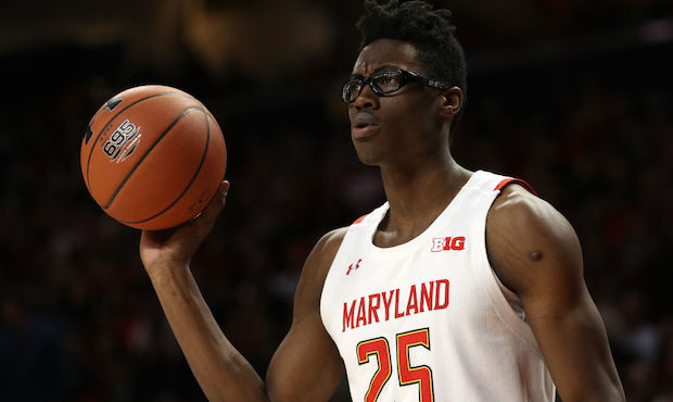 COLLEGE PARK, MARYLAND - FEBRUARY 29: Jalen Smith #25 of the Maryland Terrapins looks on against th...