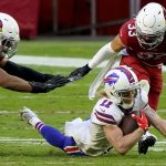 Buffalo Bills wide receiver Cole Beasley (11) dives for extra yards as Arizona Cardinals cornerback Byron Murphy (33) defends during the second half of an NFL football game, Sunday, Nov. 15, 2020, in Glendale, Ariz. (AP Photo/Rick Scuteri)