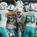 Miami Dolphins kicker Jason Sanders (7) celebrates his field goal with teammates during the second half of an NFL football game against the Arizona Cardinals, Sunday, Nov. 8, 2020, in Glendale, Ariz. (AP Photo/Ross D. Franklin)