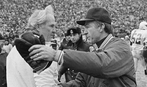 FILE - In this Jan. 8, 1983, file photo, St. Louis Cardinals coach Jim Hanifan, left, and Green Bay...