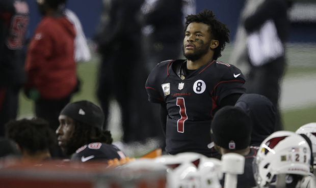 Arizona Cardinals quarterback Kyler Murray (1) watches from the sideline during the second half of ...