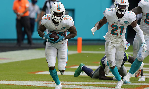 Miami Dolphins cornerback Xavien Howard (25) intercepts a pass in the endzone, during the second ha...
