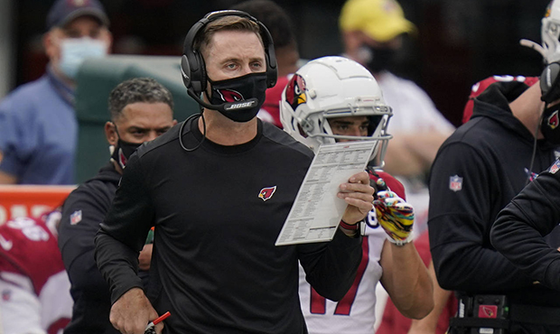 Arizona Cardinals head coach Kliff Kingsbury works the sidelines during the second half of an NFL f...