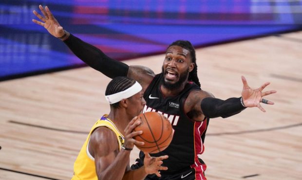 Miami Heat forward Jae Crowder guards Los Angeles Lakers guard Rajon Rondo during the second half i...
