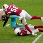 Miami Dolphins tight end Durham Smythe his tackled by Arizona Cardinals middle linebacker Jordan Hicks (58) and free safety Jalen Thompson (34) during the first half of an NFL football game, Sunday, Nov. 8, 2020, in Glendale, Ariz. (AP Photo/Ross D. Franklin)