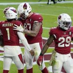 Arizona Cardinals quarterback Kyler Murray (1) celebrates his rushing touchdown with tight end Maxx Williams (87) during the second half of an NFL football game against the Miami Dolphins, Sunday, Nov. 8, 2020, in Glendale, Ariz. (AP Photo/Ross D. Franklin)