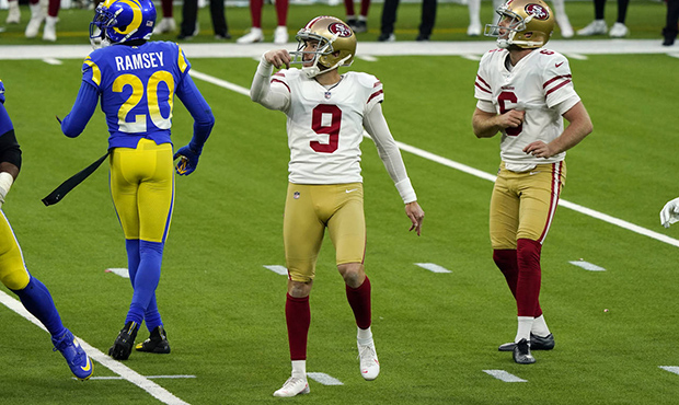 San Francisco 49ers kicker Robbie Gould follows through on his game-winning field goal during the s...