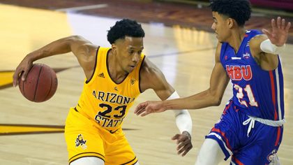 Arizona State forward Marcus Bagley (23) drives against Houston Baptist guard Pedro Castro during t...