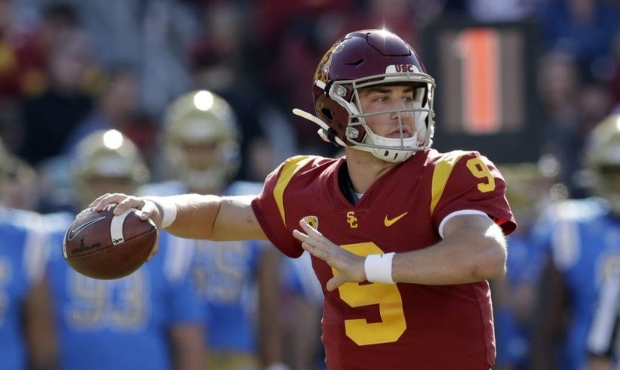 Southern California quarterback Kedon Slovis throws against UCLA during the first half of an NCAA c...