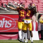 
              Southern California linebacker Hunter Echols (31) and cornerback Olaijah Griffin (2) celebrate after they thought they recovered a fumble against Arizona State during the first half of an NCAA football game Saturday, Nov. 7, 2020, in Los Angeles. Arizona offense recovered the fumble and there was no turnover. (AP Photo/Ashley Landis)
            