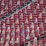Cardboard cutouts of Southern California fans are displayed in empty stands during the first half of an NCAA college football game against Arizona State, Saturday, Nov. 7, 2020, in Los Angeles. (AP Photo/Ashley Landis)