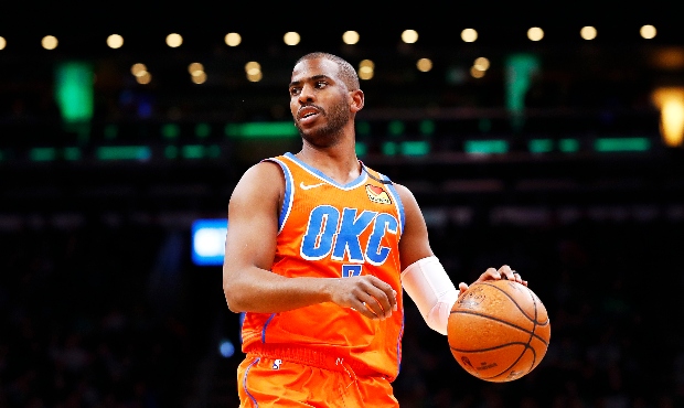 Chris Paul #3 of the Oklahoma City Thunder brings the ball up court during the first quarter of the...