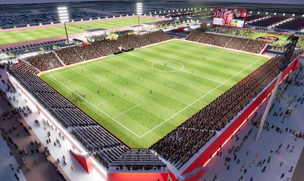 A rendering of Phoenix Rising FC's new stadium to be built at Gila River's Wild Horse Pass. (Twitte...