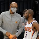 Phoenix Suns coach Monty Williams talks with guard Chris Paul during the second half of the team's NBA basketball game against the Sacramento Kings in Sacramento, Calif., Saturday, Dec. 26, 2020. The Kings won 106-103. (AP Photo/Rich Pedroncelli)