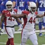 Arizona Cardinals' Markus Golden (44) celebrates a fumble recovery during the first half of an NFL football game against the New York Giants, Sunday, Dec. 13, 2020, in East Rutherford, N.J. (AP Photo/Bill Kostroun)
