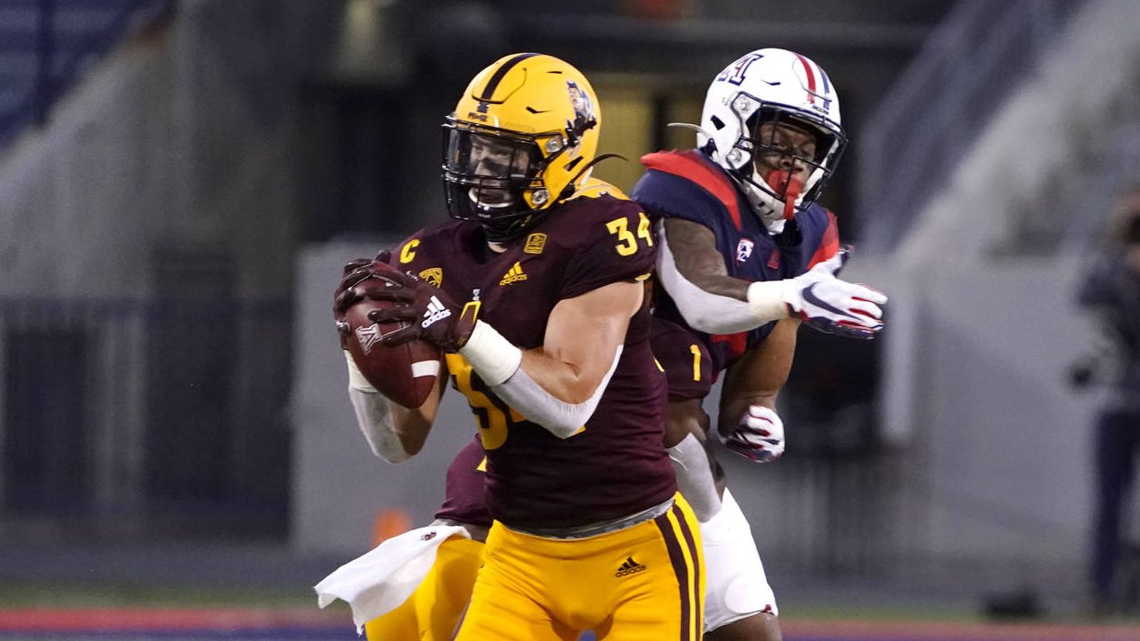 Arizona State linebacker Kyle Soelle (34) intercepts a pass intended for Arizona wide receiver Tre ...