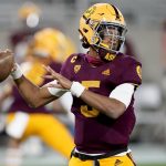 Arizona State quarterback Jayden Daniels (5) looks for a receiver during the first half of the team's NCAA college football game against UCLA, Saturday, Dec. 5, 2020, in Tempe, Ariz. (AP Photo/Matt York)