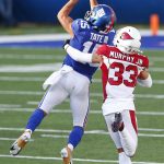 Arizona Cardinals' Byron Murphy, right, breaks up a pass intended for New York Giants' Golden Tate during the first half of an NFL football game, Sunday, Dec. 13, 2020, in East Rutherford, N.J. (AP Photo/Noah K. Murray)