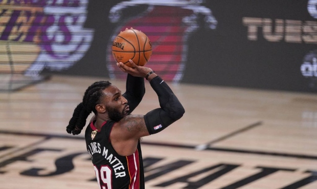 Miami Heat's Jae Crowder (99) shoots a three pointer against the Los Angeles Lakers during the seco...