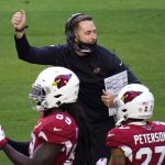 Arizona Cardinals head coach Kliff Kingsbury celebrates a safety during the first half of an NFL football game against the Philadelphia Eagles, Sunday, Dec. 20, 2020, in Glendale, Ariz. (AP Photo/Ross D. Franklin)