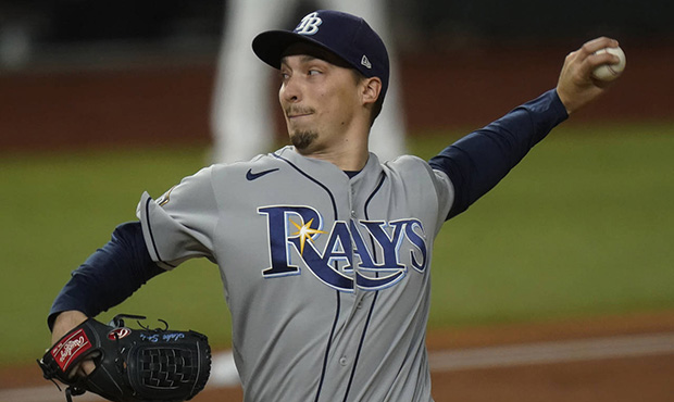 Tampa Bay Rays starting pitcher Blake Snell throws against the Los Angeles Dodgers during the first...
