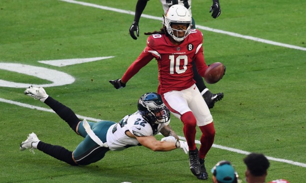 Marcus Epps #22 of the Philadelphia Eagles attempts to catch up to DeAndre Hopkins #10 of the Arizo...