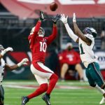 DeAndre Hopkins #10 of the Arizona Cardinals makes a 35 yard reception during the second quarter against Kevon Seymour #41 of the Philadelphia Eagles at State Farm Stadium on December 20, 2020 in Glendale, Arizona. (Photo by Christian Petersen/Getty Images)
