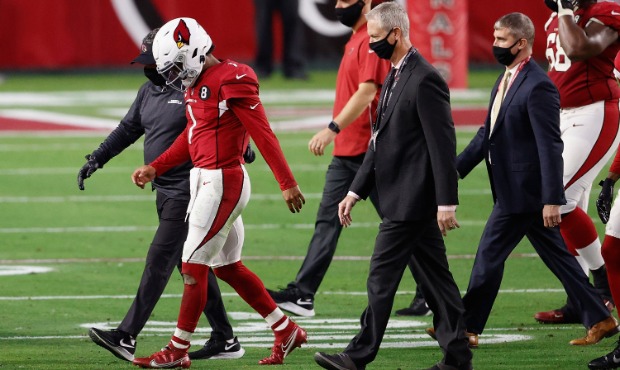 Quarterback Kyler Murray #1 of the Arizona Cardinals walks off the field after an injury during the...