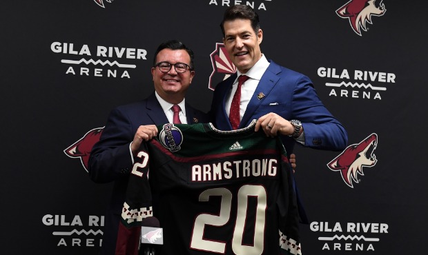 Arizona Coyotes GM Bill Armstrong is introduced by president and CEO Xavier Gutierrez on Sept. 22, ...