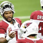 INGLEWOOD, CALIFORNIA - JANUARY 03: Kyler Murray #1 of the Arizona Cardinals reacts before the game against the Los Angeles Rams at SoFi Stadium on January 03, 2021 in Inglewood, California. (Photo by Kevork Djansezian/Getty Images)
