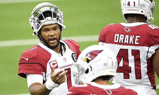 Kyler Murray #1 of the Arizona Cardinals reacts before the game against the Los Angeles Rams at SoF...