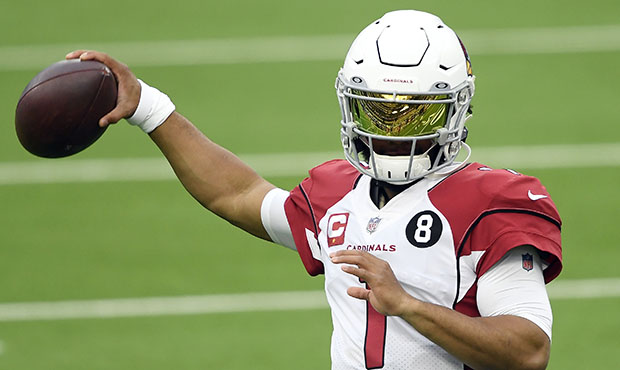 Kyler Murray #1 of the Arizona Cardinals warms up before the game against the Los Angeles Rams at S...