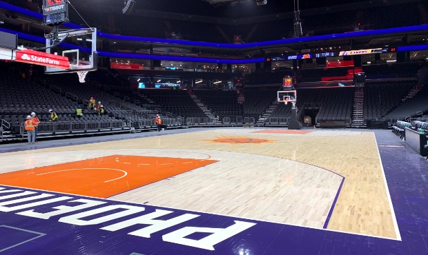 The new court at the renovated Phoenix Suns arena (Kellan Olson/Arizona Sports)...
