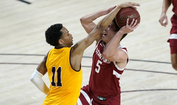 Arizona State guard Alonzo Verge Jr. (11) blocks the shot of Stanford guard Michael O'Connell (5) d...