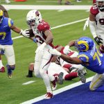 Arizona Cardinals cornerback Byron Murphy (33) runs after recovering a fumble by Los Angeles Rams running back Cam Akers during the first half of an NFL football game Sunday, Jan. 3, 2021, in Inglewood, Calif. (AP Photo/Ashley Landis)